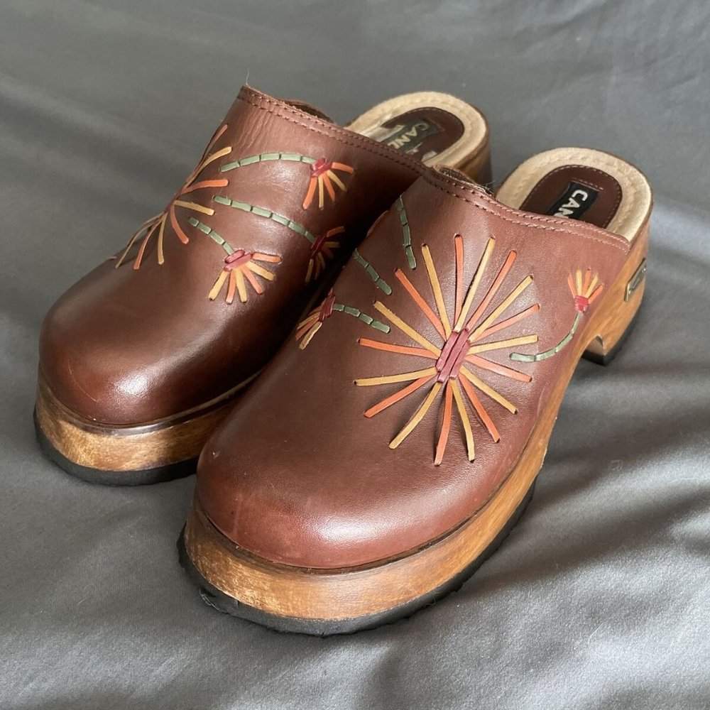 Vintage Candies Wood Clogs Brown Leather Platform Hippie Boho Shoes Sz 8 Y2K